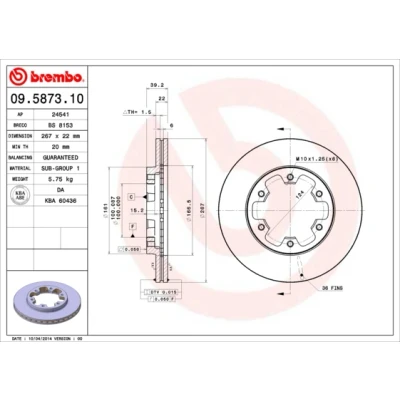 Bilde av BREMBO 09.5873.10 Bremseskiver 267 22 6 innvendig ventilert NISSAN: Navara Pick up, Up