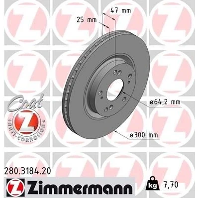 Bilde av ZIMMERMANN COAT Z 280.3184.20 Bremseskiver 300 25 9/5 5 114 innvendig ventilert belagt HONDA: CIVIC 8 Hatchback, CR V 2,