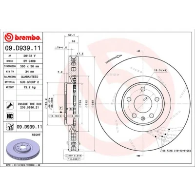Bilde av BREMBO 09.D939.11 Bremseskiver 360 36 5 innvendig ventilert, med sliss belagt høy karbon skruer PORSCHE: Macan