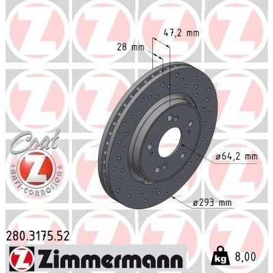 Bilde av ZIMMERMANN SPORT COAT Z 280.3175.52 Bremseskiver 293 28 9/5 5 114 utvendig ventilert, hullet belagt HONDA: CR V 3, 4