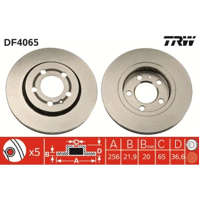 Bilde av TRW DF4065 Bremseskiver 256 21,9 5 100 ventilert spraylakkert høy karbon med skruer VOLKSWAGEN: Golf 5, 4, 4 Variant, AUDI: A3 Hatchback