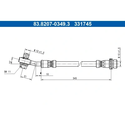 Bilde av ATE 83.8207 0349.3 Bremseslange 345mm M10x1,5mm FORD: Kuga Mk3 2.0 TDCi, 2.5 Duratec FHEV 4x4, PHEV, FHEV, EcoBlue 4x4