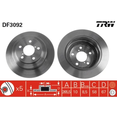 Bilde av TRW DF3092 Bremseskiver 266 10 5 100 fullt ut spraylakkert SUBARU: Legacy 3 Limousine, Impreza II Sedan, Forester