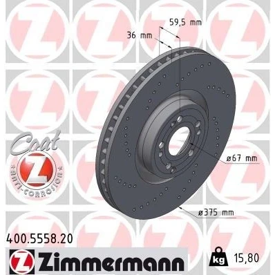 Bilde av ZIMMERMANN 400.5558.20 Bremseskiver 375 36 9/5 5 112 innvendig ventilert, hullet belagt høy karbon