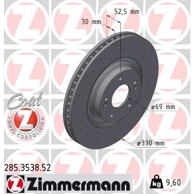 Bilde av ZIMMERMANN Bremseskive HYUNDAI: i30 III Hatchback 330mm 30mm 7/5 5 hull 114mm innvendig ventilert, hullet belagt høy karbon 285.3538.52 51712S0000