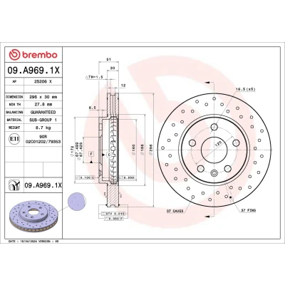 Bilde av BREMBO Bremseskive OPEL: Insignia A Sports Tourer, Sedan, Hatchback 296mm 30mm 5 perforert / ventilert 09.A969.1X Bremseskiver