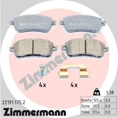 Bilde av ZIMMERMANN 22191.175.2 Bremseklosser med skruer Bildet viser leveranseinnholdet, glideplate