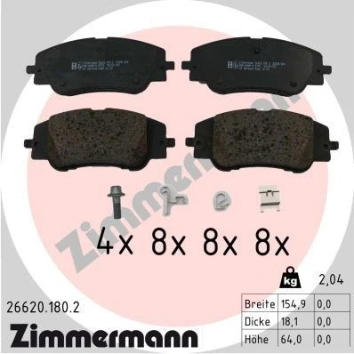 Bilde av ZIMMERMANN 26620.180.2 Bremseklosser med skruer Bildet viser leveranseinnholdet, glideplate, fjær PEUGEOT: 208 II Hatchback