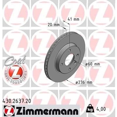 Bilde av ZIMMERMANN COAT Z 430.2637.20 Bremseskiver 236 20 5/4 4 100 innvendig ventilert belagt