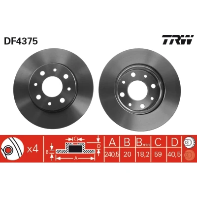 Bilde av TRW DF4375 Bremseskiver 240,5 20 4 98 ventilert spraylakkert FIAT: 500 Hatchback, Panda II C Cabrio, FORD: KA Hatchback