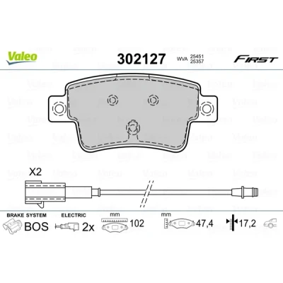 Bilde av VALEO 302127 Bremseklosser FIRST bakaksel inkl. slitasjevarselkontakt med antihyle blikk FIAT: Punto Evo Hatchback, Grande Hatchback