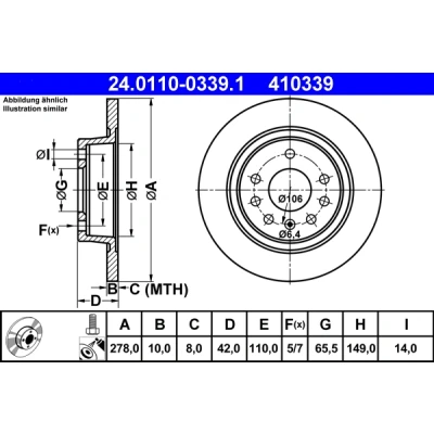 Bilde av ATE 24.0110 0339.1 Bremseskiver 278,0 10,0 5 110,0 fullt ut belagt med skruer OPEL: Zafira B, Astra H GTC, Hatchback