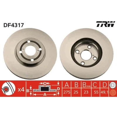 Bilde av TRW DF4317 Bremseskiver 275 25 4 100 ventilert spraylakkert TOYOTA: Corolla IX Hatchback, Station Wagon, Sedan