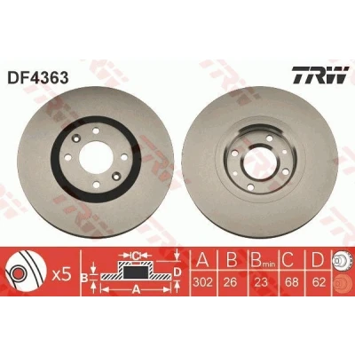 Bilde av TRW DF4363 Bremseskiver 302 26 4 108 ventilert spraylakkert høy karbon PEUGEOT: 3008 I, 207 Hatchback, 307 SW, CITROËN: C4 I Hatchback