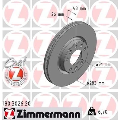 Bilde av ZIMMERMANN COAT Z 180.3026.20 Bremseskiver 283 26 8/5 5 108 innvendig ventilert belagt CITROËN: C4 Grand Picasso 2, Spacetourer