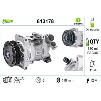 Bilde av VALEO 813178 Kompressor VCS12E 12 PAG 46 R 134a, 1234yf med kompressorlje NEW ORIGINAL PART PEUGEOT: 3008 I, 208 I Hatchback, 2008 Stasjonsvogn