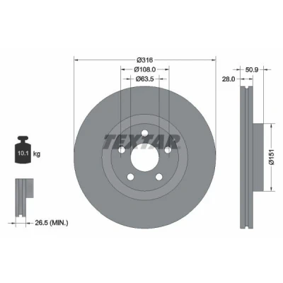 Bilde av TEXTAR 92317203 Bremseskiver 316 28 05/05 108 innvendig ventilert belagt uten hjulfestebolt, hjulnav FORD: S Max Mk2, Galaxy Mk3 MPV