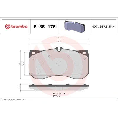 Bilde av BREMBO P 85 175 Bremseklosser klargjort for slitasjeindikator uten tilbehør AUDI: A6 C7 Avant, A7 Sportback, Sedan