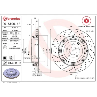 Bilde av BREMBO TWO PIECE FLOATING DISCS LINE 09.A190.13 Bremseskiver 380 30 5 perforert / ventilert, todelt bremseskive belagt høy karbon NISSAN: GT R