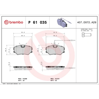 Bilde av BREMBO P 61 035 Bremseklosser inkl. slitasjevarselkontakt med bremsecaliperskruer uten tilbehør