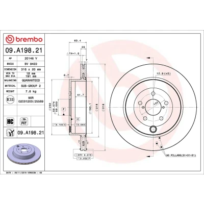 Bilde av BREMBO 09.A198.21 Bremseskiver 316 20 5 innvendig ventilert belagt høy karbon SUBARU: BRZ Coupé