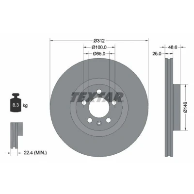 Bilde av TEXTAR 92303303 Bremseskiver 312 25 05/06 100 innvendig ventilert belagt uten hjullager, hjulfestebolt, hjulnav VOLKSWAGEN: Polo VI