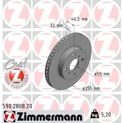 Bilde av ZIMMERMANN COAT Z 590.2808.20 Bremseskiver 255 22 6/4 4 100 innvendig ventilert belagt TOYOTA: Yaris III Hatchback, II Hatchback