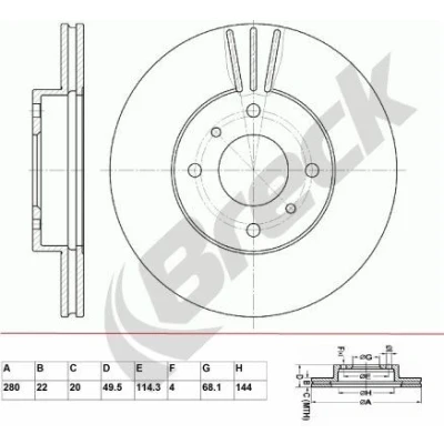 Bilde av BRECK BR 329 VA100 Bremseskiver 280 22 4 ventilert belagt uten lager NISSAN: 200SX, Almera II Hatchback, Primera Hatchback