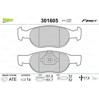 Bilde av VALEO 301605 Bremseklosser FIRST framaksel inkl. slitasjevarselkontakt uten antiskrike blikk FIAT: Punto I Cabrio, II Hatchback