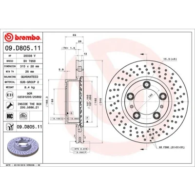 Bilde av BREMBO 09.D805.11 Bremseskiver 315 28 5 perforert / ventilert belagt høy karbon med skruer