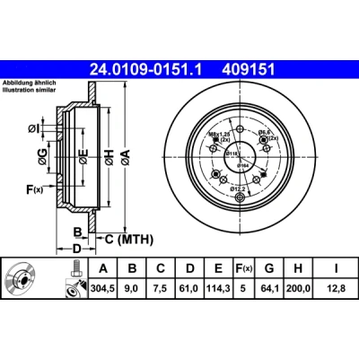 Bilde av ATE 24.0109 0151.1 Bremseskiver 304,5 9,0 5 114,3 fullt ut belagt med skruer HONDA: CR V 2