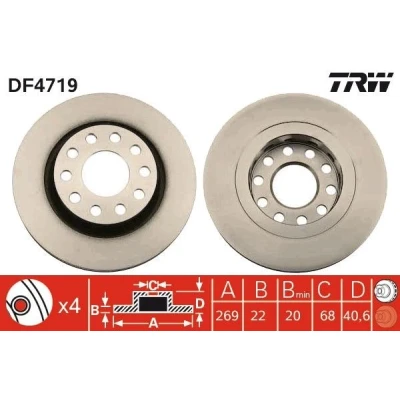 Bilde av TRW DF4719 Bremseskiver 269 22 10 112 ventilert spraylakkert AUDI: A6 C5 Avant, Sedan, Allroad