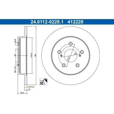 Bilde av ATE Bremseskive TOYOTA: C HR, RAV4 V, Camry VIII Sedan, LEXUS: NX, UX 281,0mm 12,0mm 5 114,3mm fullt ut belagt 24.0112 0228.1 4243178010 Bremseskiver