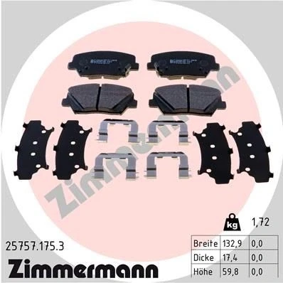 Bilde av ZIMMERMANN 25757.175.3 Bremseklosser med akustisk slitasjevarsel Bildet viser leveranseinnholdet, glideplate HYUNDAI: SANTA FE 3, KIA: CARENS 4