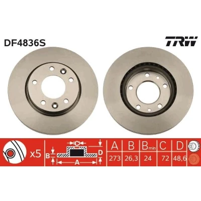 Bilde av TRW DF4836S Bremseskiver 274 26,3 5 114,3 ventilert spraylakkert KIA: CARNIVAL 2