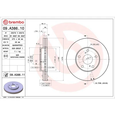 Bilde av BREMBO COATED DISC LINE 09.A386.11 Bremseskiver 275 28 5 innvendig ventilert belagt TOYOTA: Camry IV Sedan, Previa / Estima II, V Sedan