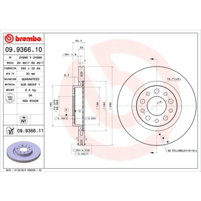 Bilde av BREMBO COATED DISC LINE 09.9366.11 Bremseskiver 292 22 5 innvendig ventilert belagt ALFA ROMEO: 159 Sportwagon, Sedan