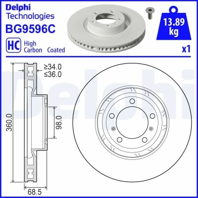 Bilde av DELPHI Bremseskive 360mm 36mm 5 ventilert belagt høy karbon BG9596C 9J1615301A Bremseskiver, Skivebremser