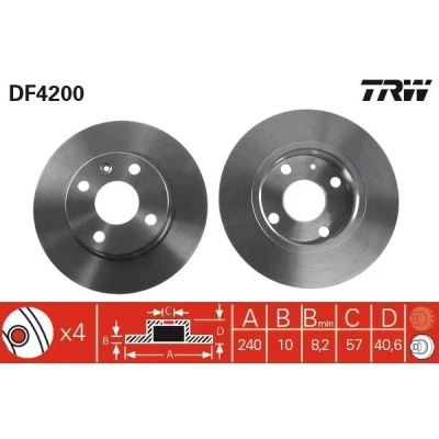 Bilde av TRW DF4200 Bremseskiver 240 10 4 100 fullt ut spraylakkert OPEL: Combo C Varebil / Stasjonsvogn, Corsa Hatchback