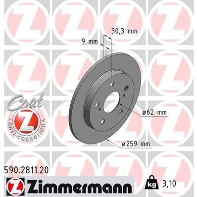 Bilde av ZIMMERMANN COAT Z 590.2811.20 Bremseskiver 259 9 7/5 5 114 fullt ut belagt TOYOTA: Auris Hatchback