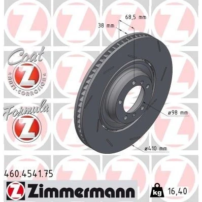 Bilde av ZIMMERMANN bremseskive PORSCHE: Panamera Sport Turismo 410mm 38mm 7/5 5 hull 130mm ventilert, med sliss, todelt belagt legert / høykull