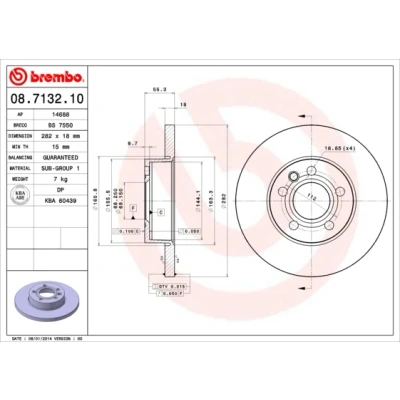 Bilde av BREMBO 08.7132.10 Bremseskiver 282 18 5 fullt ut VOLKSWAGEN: TRANSPORTER 4, 4 Bus