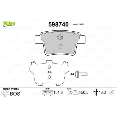 Bilde av VALEO 598740 Bremseklosser bakaksel ekskl. slitasjevarselkontakt med sikringsskruesett, antihyle blikk FORD: MONDEO 3 Kombi,
