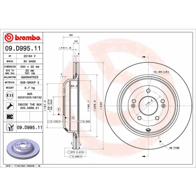 Bilde av BREMBO 09.D995.11 Bremseskiver 330 22 5 innvendig ventilert belagt høy karbon med skruer