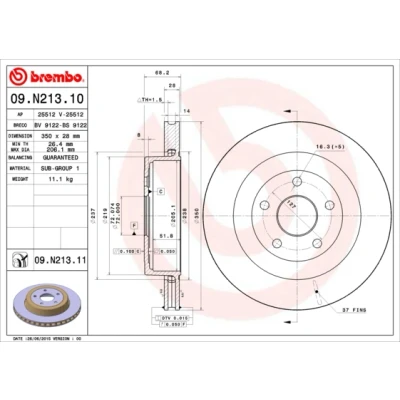 Bilde av BREMBO COATED DISC LINE 09.N213.11 Bremseskiver 350 28 5 innvendig ventilert belagt DODGE: Journey MPV, CHRYSLER: GRAND 5OYAGER