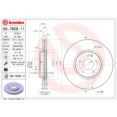 Bilde av BREMBO COATED DISC LINE 09.7808.11 Bremseskiver 316 28 5 innvendig ventilert belagt høy karbon med skruer MERCEDES BENZ: E Klasse Sedan