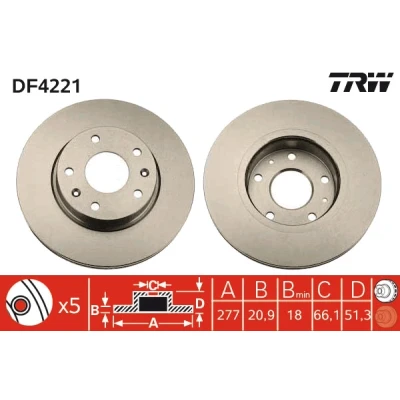 Bilde av TRW DF4221 Bremseskiver 277 20,9 5 120 ventilert spraylakkert LAND ROVER: Freelander I SUV