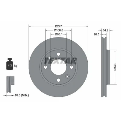 Bilde av TEXTAR PRO 92043103 Bremseskiver 247 20,5 04/06 108 innvendig ventilert belagt uten hjulfestebolt, hjulnav PEUGEOT: 206 Hatchback
