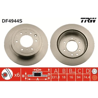 Bilde av TRW DF4944S Bremseskiver 332 18 6 139,7 ventilert spraylakkert høy karbon MITSUBISHI: PAJERO 4