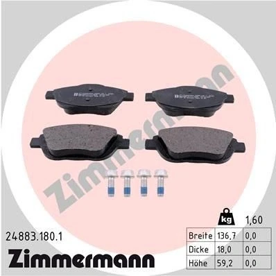 Bilde av ZIMMERMANN 24883.180.1 Bremseklosser med skruer Bildet viser leveranseinnholdet CITROËN: DS3 Hatchback, C3 Picasso, II, PEUGEOT: 2008 Stasjonsvogn